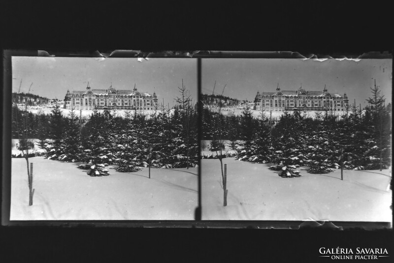 Régi sztereó üvegnegatív Tátralomnic Grand Hotel Praha 1900-as évek eleje