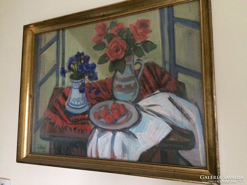 Tokay Ilona Csendélet festmény Képcsarnokos eredeti keretében 86x66