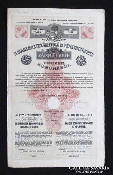 Magyar Leszámitoló és Pénzváltó Bank 4,5%-os záloglevél 10000 korona 1919