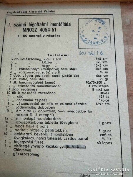 I.számú légoltalmi mentőláda MNOSZ:4054-51 1-50személy részére 1953 május 16.-i