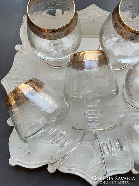 Murano Medici gold, 24 kr- os arany szélű csiszolt konyakos üveg kristály pohár készlet