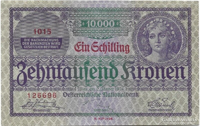 1 schilling a 10000 korona bankjegyen II. kiadás 1924 Ausztria 2.