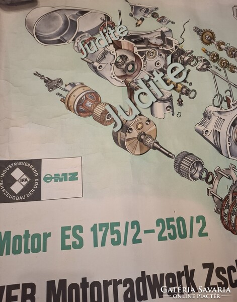 MZ-175-250 motorról, váltóról, porlasztóról robbantott műszaki rajz,1970-es évekből.Mérete:59 x 82cm