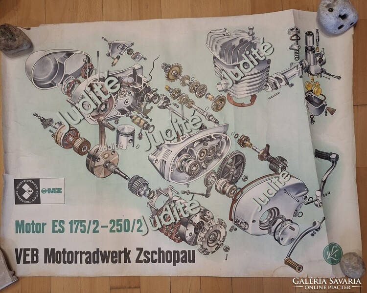 MZ-175-250 motorról, váltóról, porlasztóról robbantott műszaki rajz,1970-es évekből.Mérete:59 x 82cm