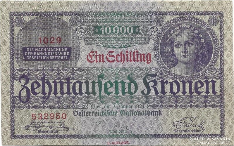1 schilling a 10000 korona bankjegyen !!. kiadás 1924 Ausztria 3. Egy gyenge hajtás középen