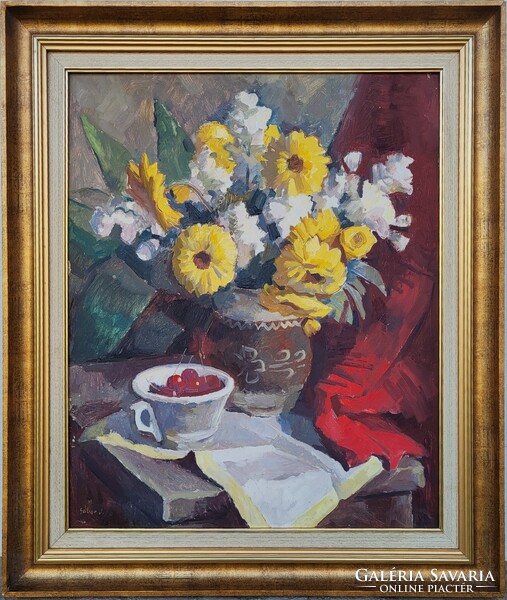 Gábor Jenő (1893 - 1968) Csendélet c. Képcsarnokos Festménye Eredeti Garanciával!