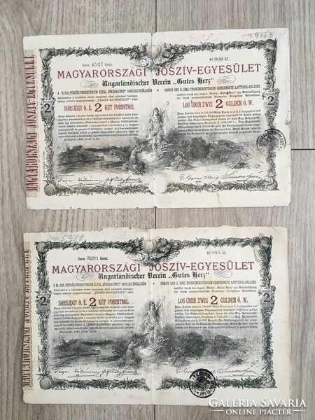 Magyarországi Jószív-Egyesület Sorsjegy 2 Forintról 2 darab 1888.-ból