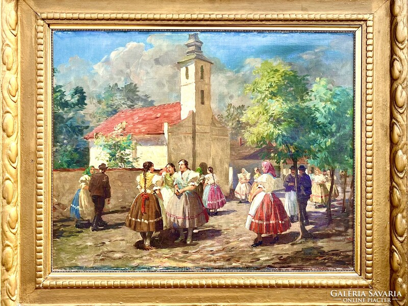 GYERTYÁNYI NÉMETH GYULA NAGYMÉRETÜ VIDÁM SZÍNES ÉLETKÉP 60x80cm