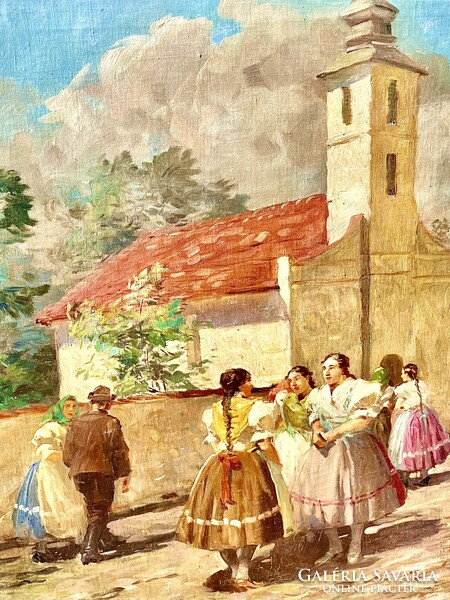 GYERTYÁNYI NÉMETH GYULA NAGYMÉRETÜ VIDÁM SZÍNES ÉLETKÉP 60x80cm