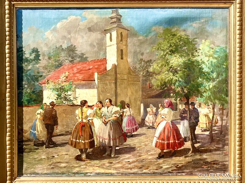 GYERTYÁNYI NÉMETH GYULA NAGYMÉRETÜ VIDÁM SZÍNES ÉLETKÉP 60x80cm