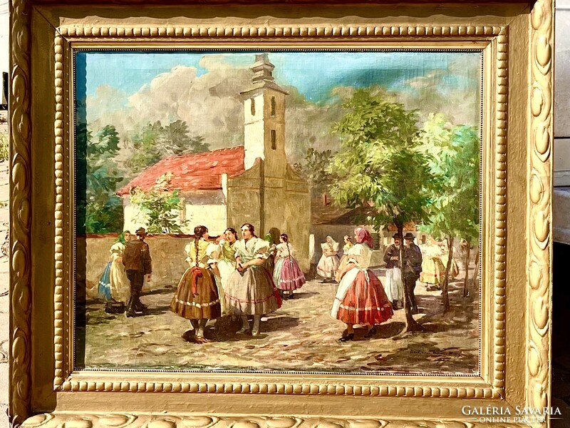 GYERTYÁNYI NÉMETH GYULA NAGYMÉRETÜ VIDÁM SZÍNES ÉLETKÉP 60x80cm