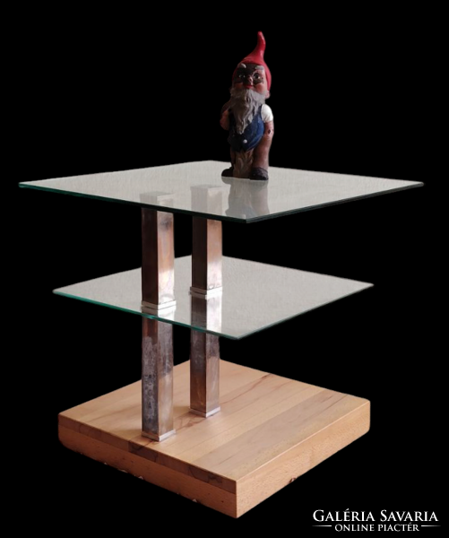 Design üveg asztal króm tölgyfa kerekekkel ALKUDHATÓ