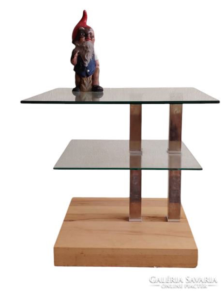 Design üveg asztal króm tölgyfa kerekekkel ALKUDHATÓ