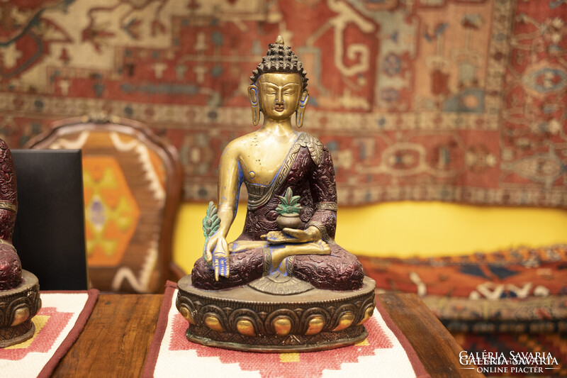 3 db antik bronz meditáló Buddha szobor - díszes, kézzel festett szett