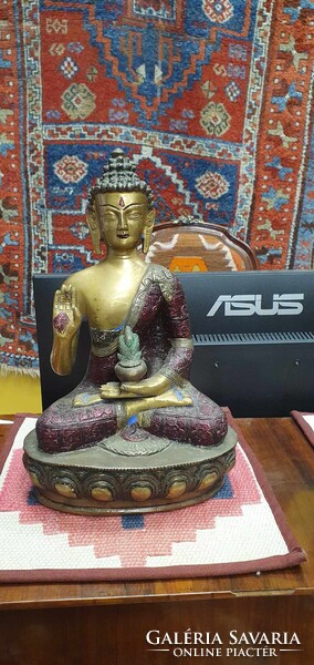 3 db antik bronz meditáló Buddha szobor - díszes, kézzel festett szett