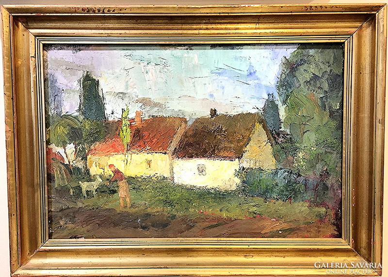 Udvardi Gyula (1925 - 2016) :Falusi udvar,1960,olaj-vászon