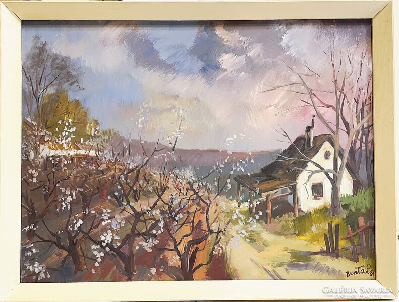 Eredetiségigazolással,számláva,Zentai Pál (1938-1987):Újul az élet, festmény 60 x 80 cm, olaj-farost