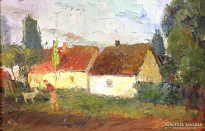 Udvardi Gyula (1925 - 2016) :Falusi udvar,1960,olaj-vászon