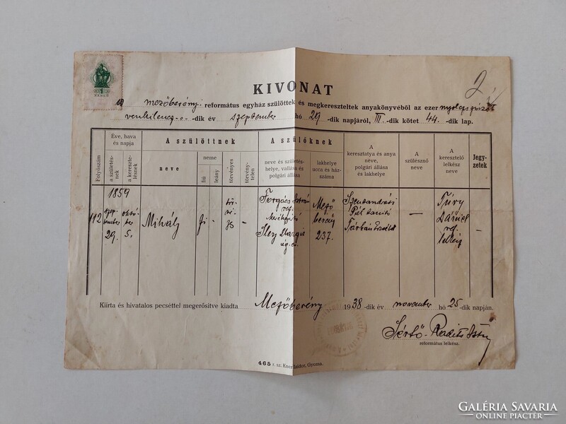 Régi irat 1938 Kivonat Mezőberény