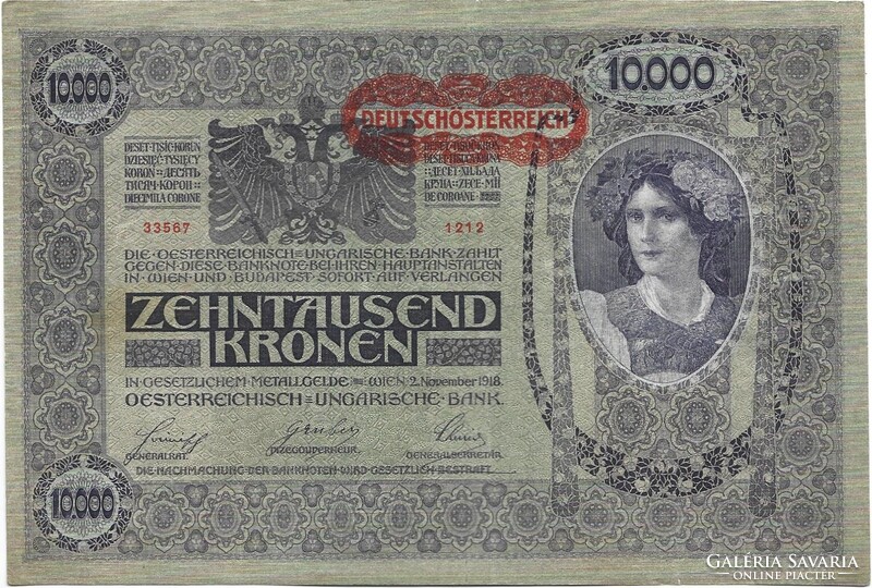 10000 korona 1918 vízszintes osztrák bélyegzés I. kiadás hajtatlan aUNC