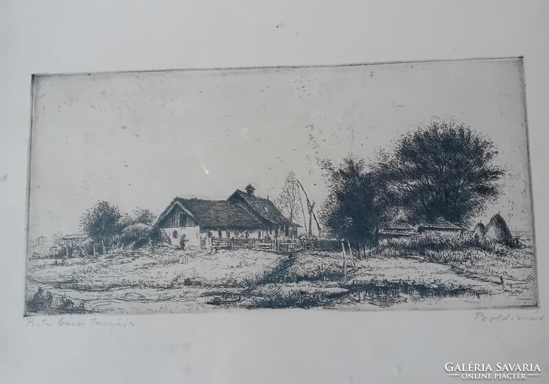 Boldizsár István : Pista bácsi tanyája, tájkép, rézkarc
