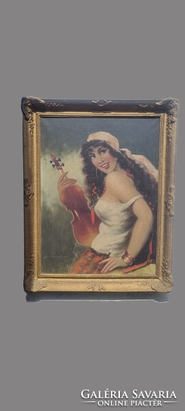 Cigánylány hegedűvel, szignózott olaj-vászon festmény XX.sz