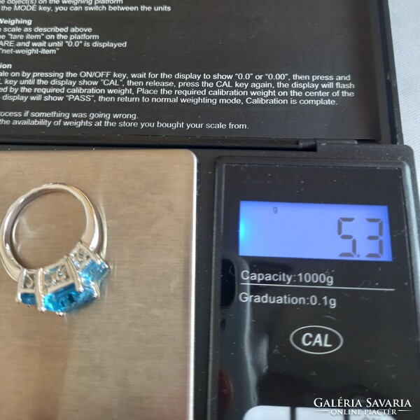 56 os 5.3gm Valodi kek Topaz 925 Ezust 14k Fehér aranyozásù Gyuru