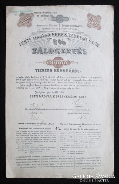 Pesti Magyar Kereskedelmi Bank záloglevél 10000 korona 1907