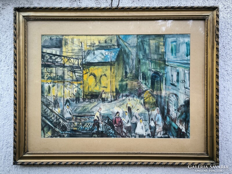 Göldner Tibor, különleges hangulatú festmény, Jelenetes, Emberek, Nyüzsgő utcakép! Aranyozott keret