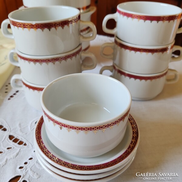 6 db Alföldi porcelán két füles leveses csésze, 3 db alátét 1 db cukortartó