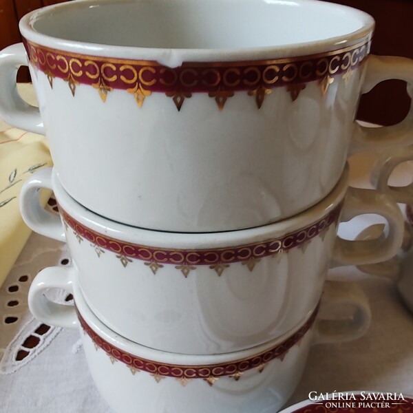 6 db Alföldi porcelán két füles leveses csésze, 3 db alátét 1 db cukortartó