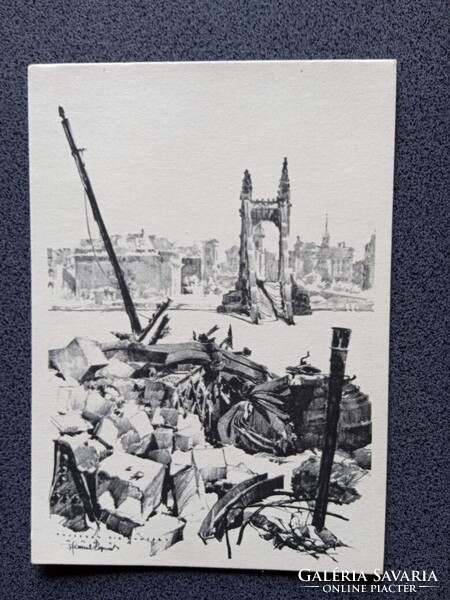 D206276 Budapest -Buda az ostrom után - A felrobbantott Erzsébethíd - képeslap 1945 - Pfannl Egon