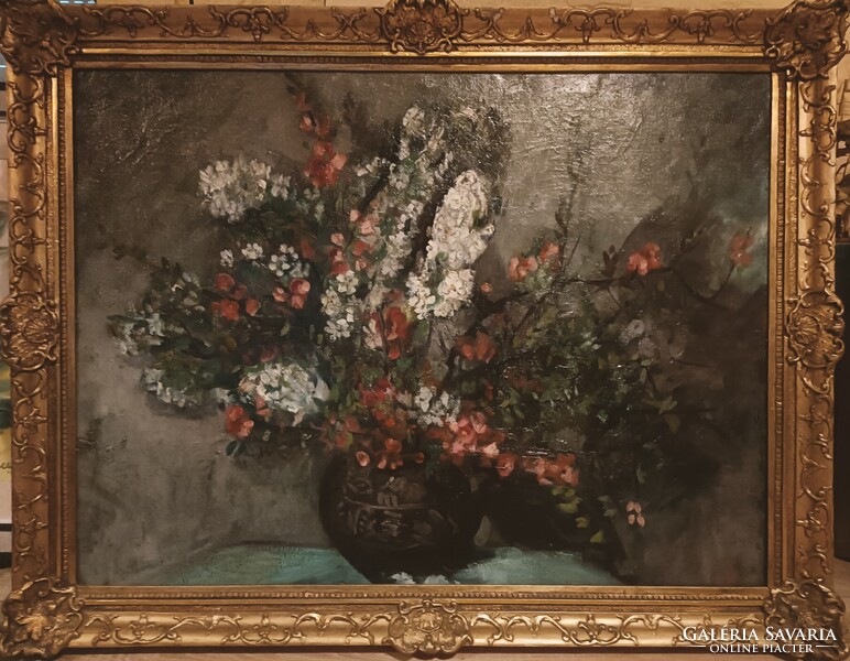 1 ft-ról indul! Hatalmas, Ősz Dénes (1915-1980) Virág csendélet. Olaj/vászon, 75x100cm plusz keret!