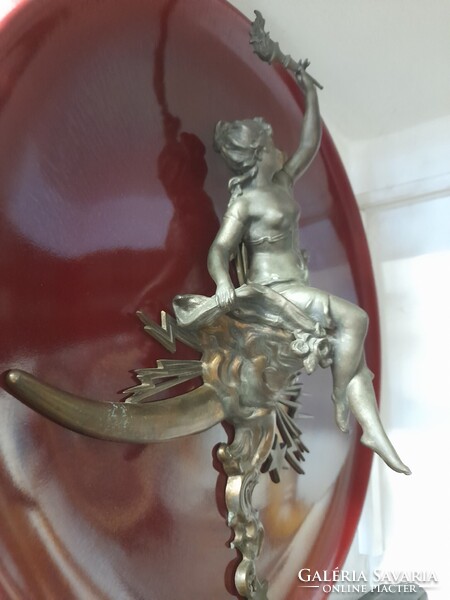 Régi Nagyméretű Mázas Kerámia Fali Tál,Tányér Plasztikus Mitológiai Bronz Női Figurával.40 cm.