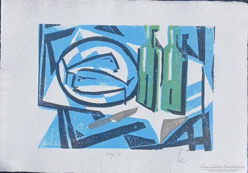 Halas csendélet - színes linometszet