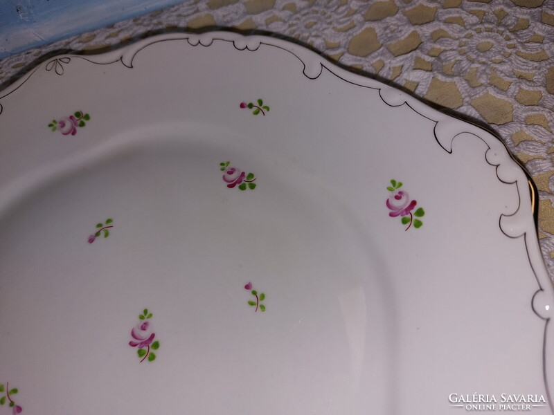 Régi Hollóházi gyönyörű rózsamintás porcelán füles tortás, kínáló, süteményes tál, jelzett kézzel fe