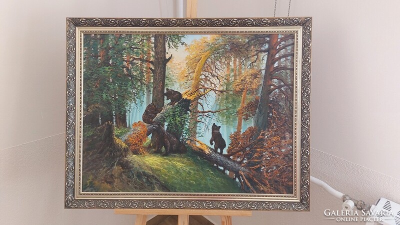 Karlovits erdei tájkép festmény macikkal  90X70 cm kerettel