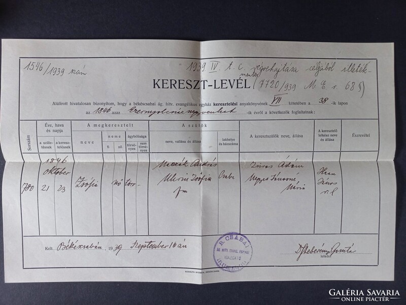Keresztlevél 1939-es másolata Békéscsabán kiállítva