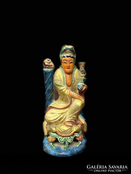 Antik Kuan Yin fa faragott aranyfestésű szobor, keleti, ázsiai, japán