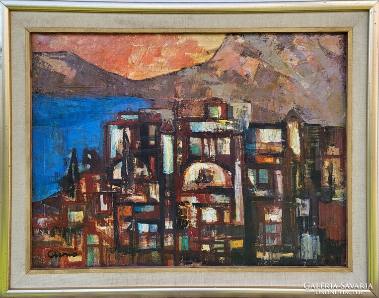 Csernó Judit (1925 - 2000) Mediterrán Város c. festménye Eredeti Garanciával!