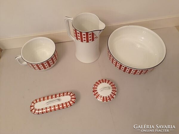 Antik porcelán fürdőszoba mosdó készlet lavór kancsó szappan fogkefe tartó 4351