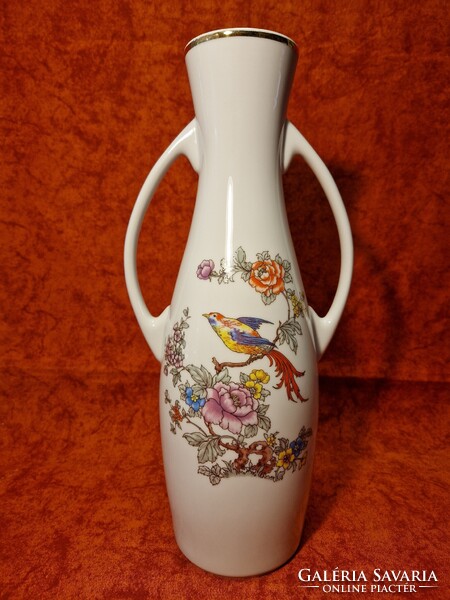 1 Ft-ról! Hollóházi ,,paradicsommadaras" nagyméretű, 36,5 cm magas füles porcelán váza, hibátlan