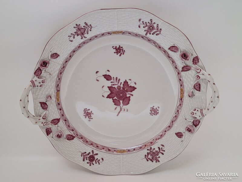 Herendi purpur Apponyi mintás nagyméretű füles tál, sérült rózsákkal. 31,8 cm