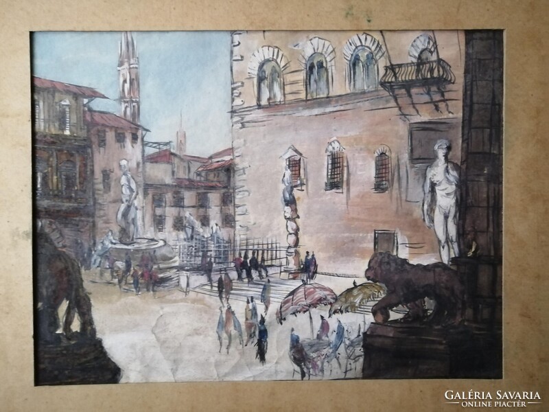 MARIO CARRARO /1896-1977/ AKVARELL - FIRENZE, PIAZZA DELLA SIGNORIA