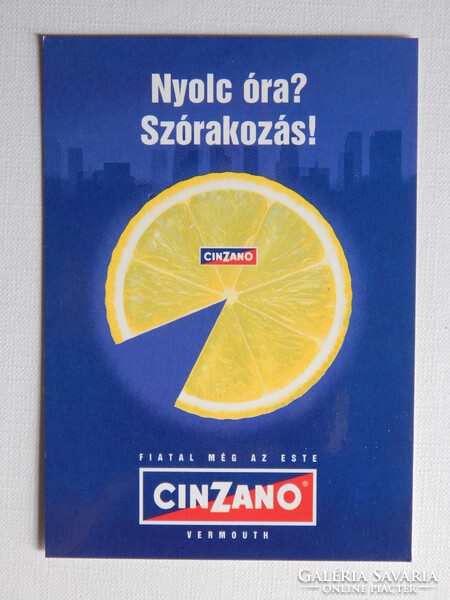 Képeslap - Cinzano vermut - citromos humoros reklámlap, "Fiatal még az este"