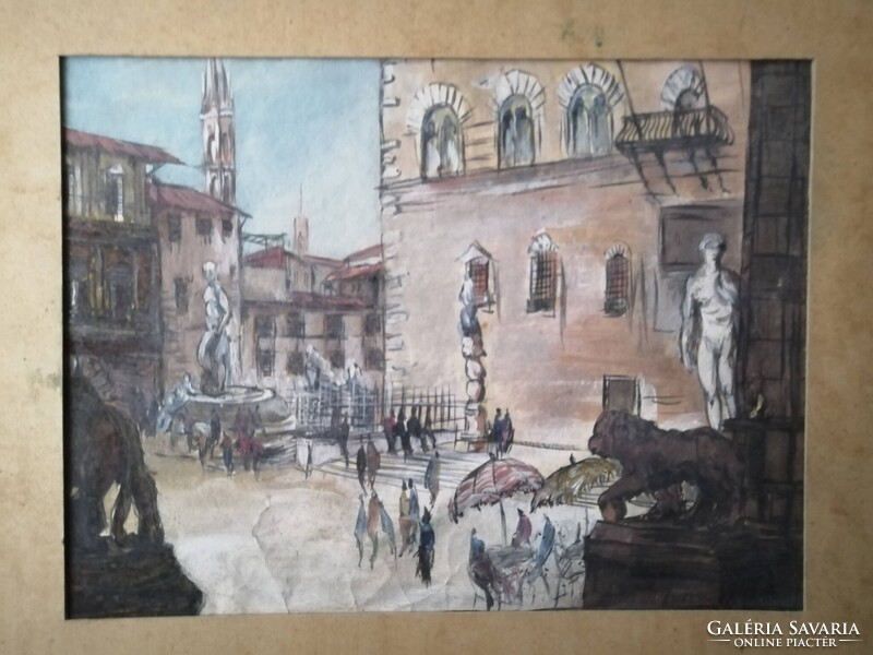 MARIO CARRARO /1896-1977/ AKVARELL - FIRENZE, PIAZZA DELLA SIGNORIA