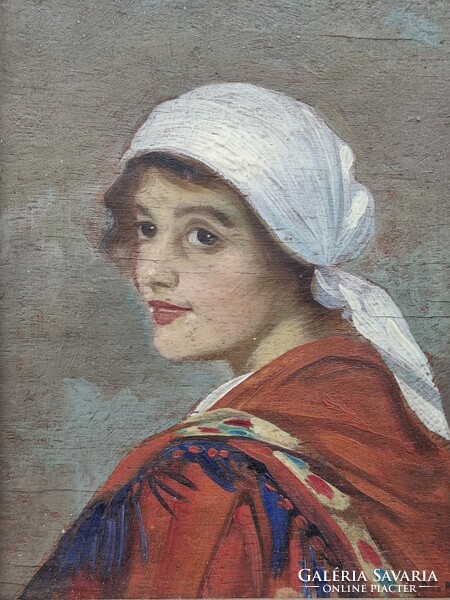 Bieder portré, női arckép, lány fehér fejkendővel