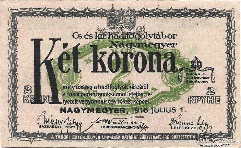1 korona 1916 K.u.K. Nagymegyer Hadifogoly-tábor Hajtatlan aUNC