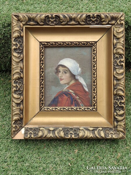 Bieder portré, női arckép, lány fehér fejkendővel