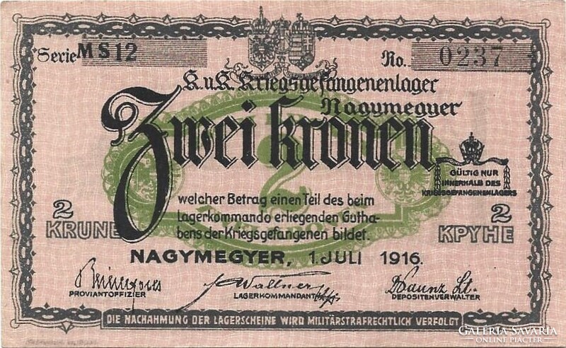 1 korona 1916 K.u.K. Nagymegyer Hadifogoly-tábor Hajtatlan aUNC